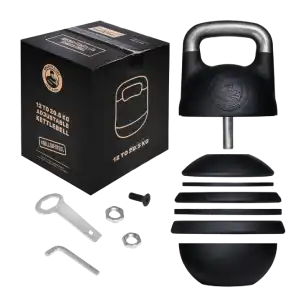 A product image of Bells Of Steel Adjustable Kettlebell with tools in it.