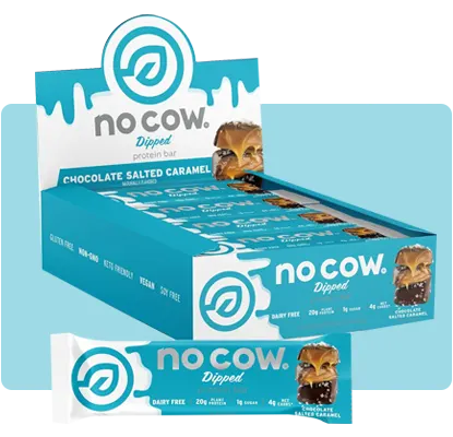 No Cow Dipped dairy-free protein bars with a chocolate coating.