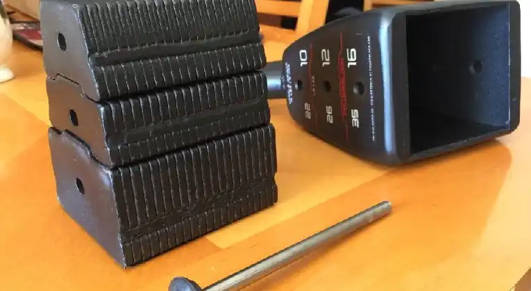 A view of powerblock adjustable kettlebell bottom side with range of weights.