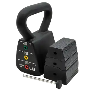 A product image of PowerBlock adjustable kettlebell with weight and pin.